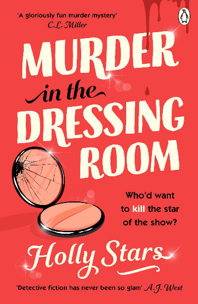 Book cover of 'Murder in the Dressing Room' by Holly Stars with a red background and makeup compact.