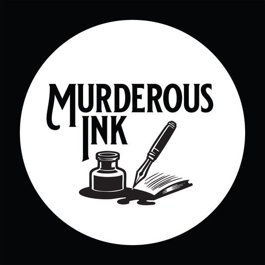 Logo of 'Murderous Ink' with an inkwell and quill on a white circle against a black background.