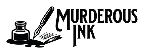 Logo for 'Murderous Ink' with an ink bottle, quill, and open book on a white background.