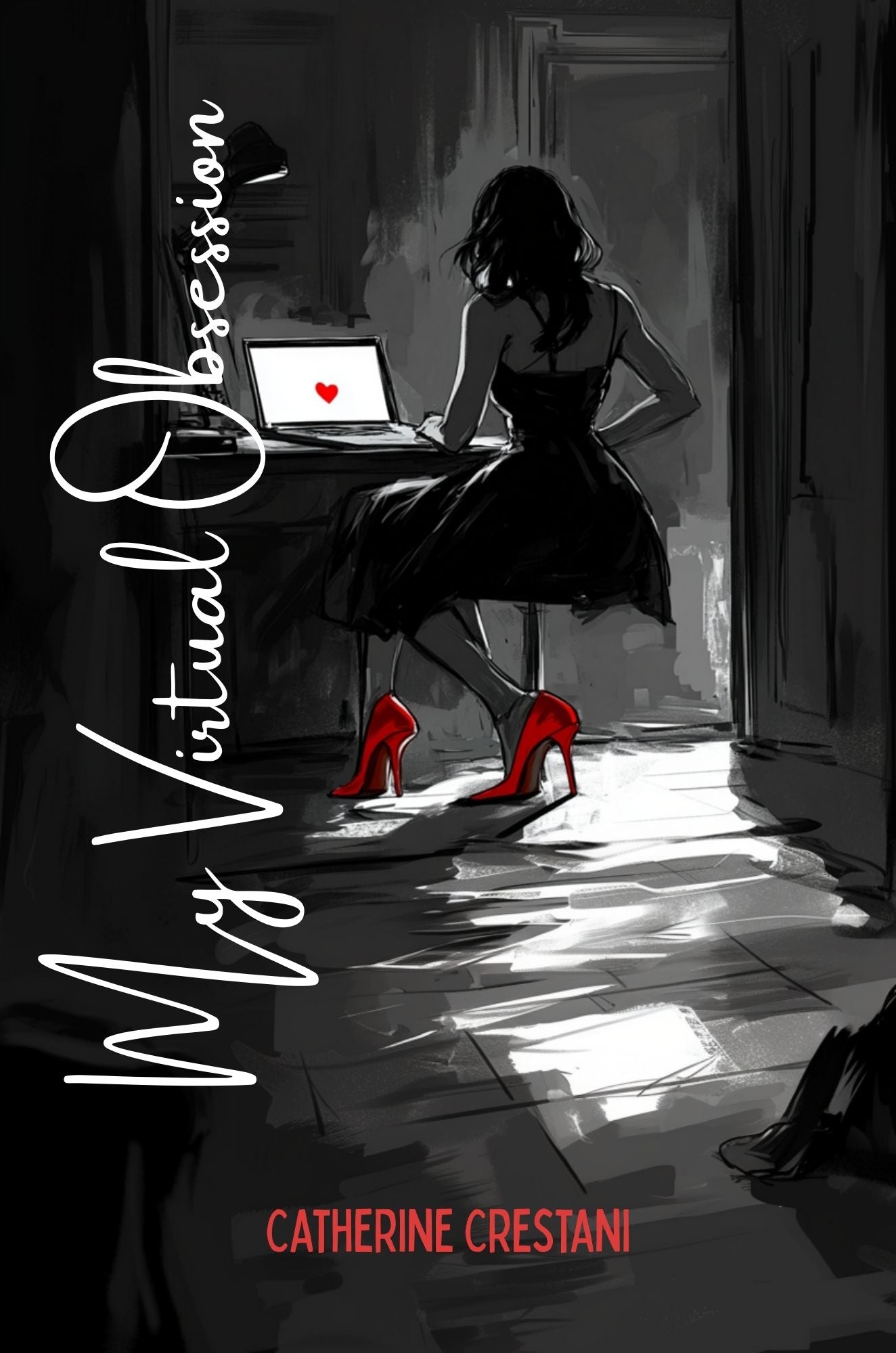 Illustration of a woman sitting at a desk with a laptop, wearing high heels, in a dimly lit room.