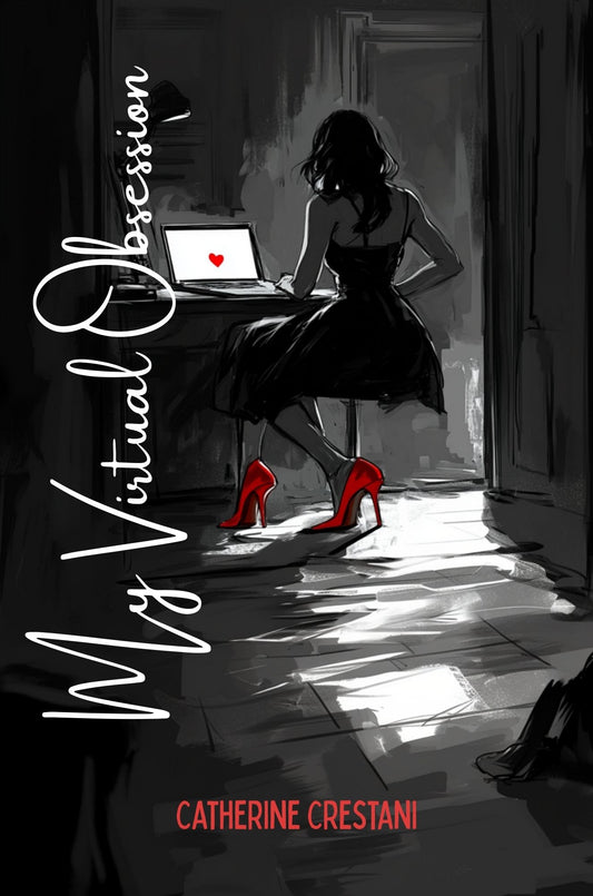 Illustration of a woman sitting at a desk with a laptop, wearing high heels, in a dimly lit room.