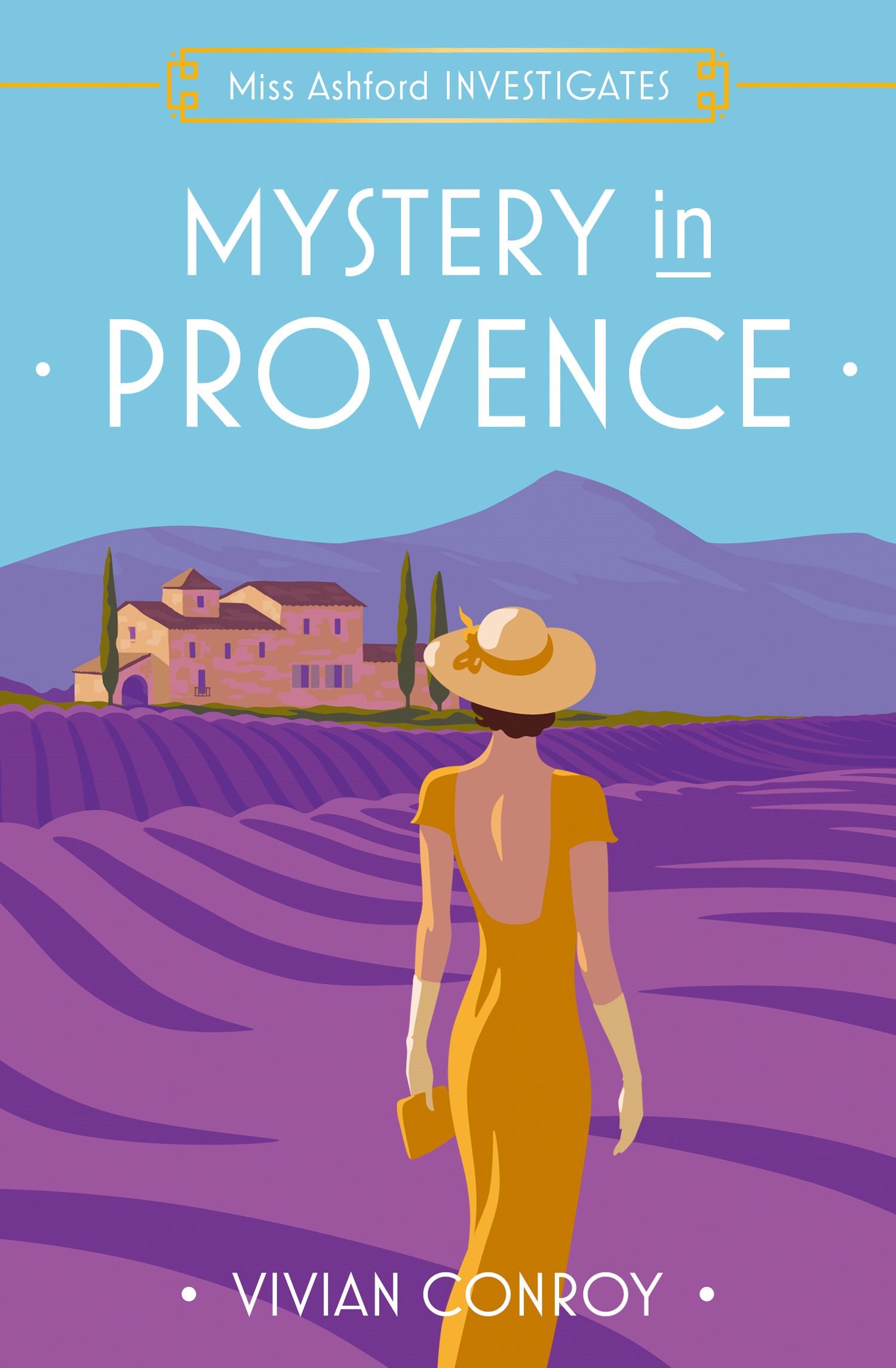 Book cover of 'Mystery in Provence' with a woman in a yellow dress and hat standing in a lavender field.