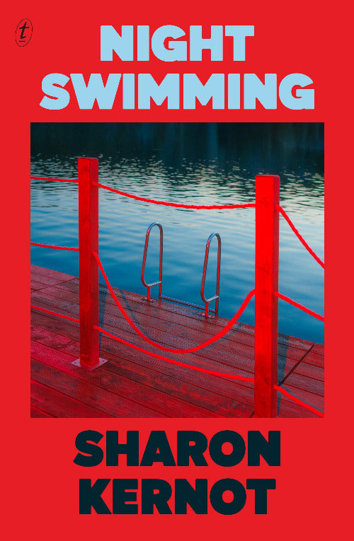 Book cover of 'Night Swimming' by Sharon Kernot with a red dock over water.