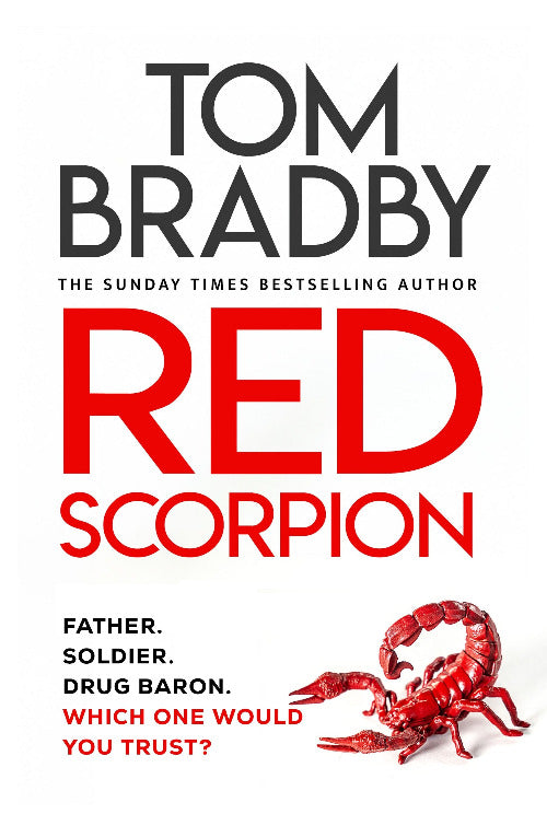 Book cover of 'Red Scorpion' by Tom Bradby with a red scorpion illustration on a white background.