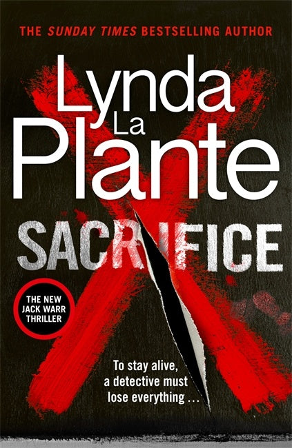 Book cover of 'Sacrifice' by Lynda La Plante with a red 'X' and knife graphic on a black background.
