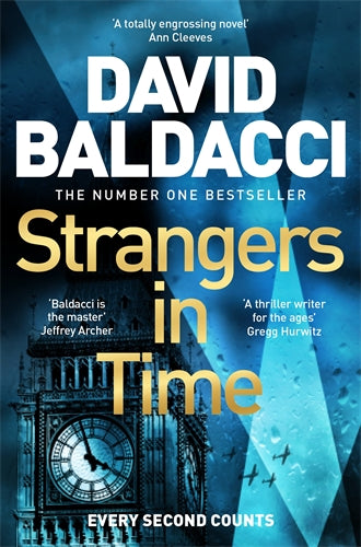 Book cover of 'Strangers in Time' by David Baldacci with a clock tower and airplane design.