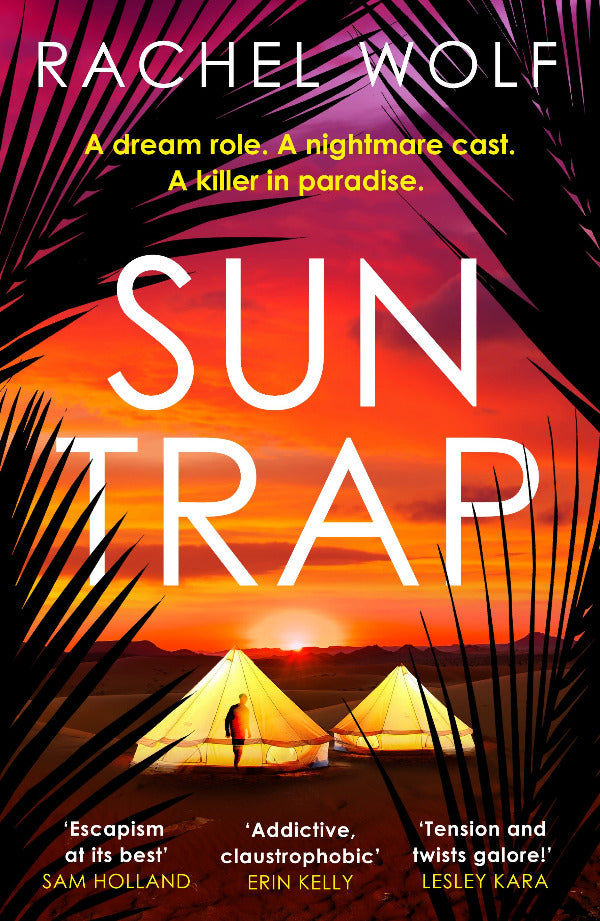 Book cover of 'Sun Trap' with a sunset and tents design.