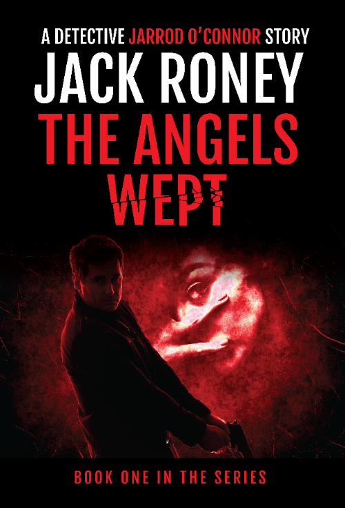 Book cover of 'The Angels Wept' featuring a dark theme with a person and red glowing face.