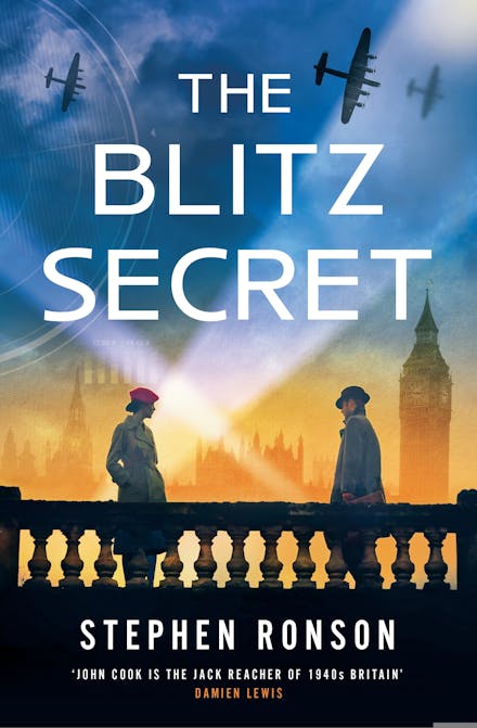 Book cover of 'The Blitz Secret' with two figures on a balcony, airplanes, and Big Ben in the background.