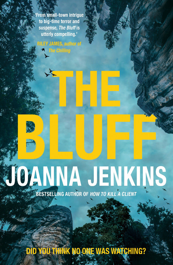 Book cover of 'The Bluff' by Joanna Jenkins with a forest background