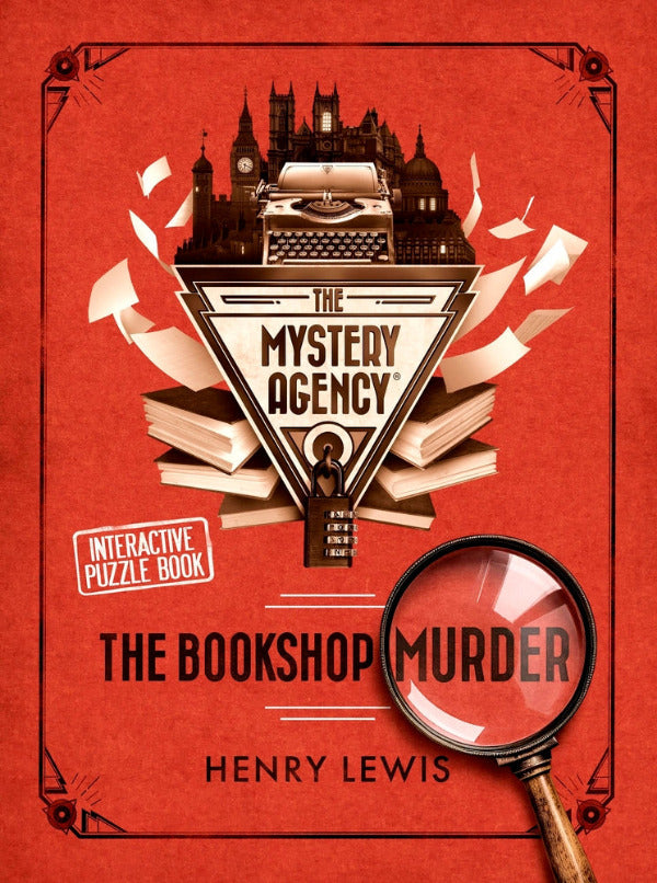Book cover of 'The Bookshop Murder' by Henry Lewis featuring a typewriter, books, and magnifying glass on a red background.