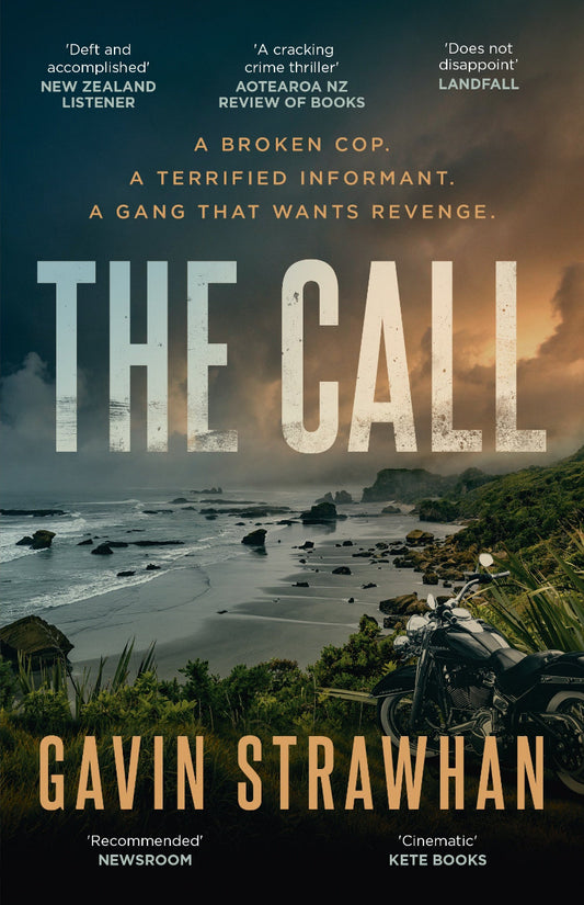 Book cover of 'The Call' by Gavin Strawhan with a coastal scene and motorcycle.