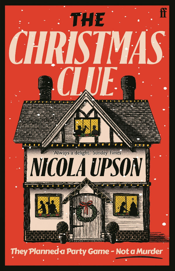 Book cover of 'The Christmas Clue' by Nicola Upson with a red background and black and white illustration of a house.
