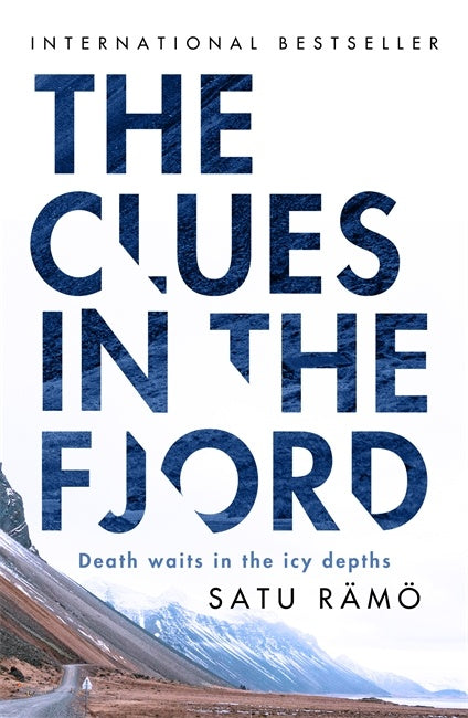 Book cover of 'The Clues in the Fjord' by Satu Rämö, featuring large textured blue title text on a white background with a fjord landscape photo at the bottom.