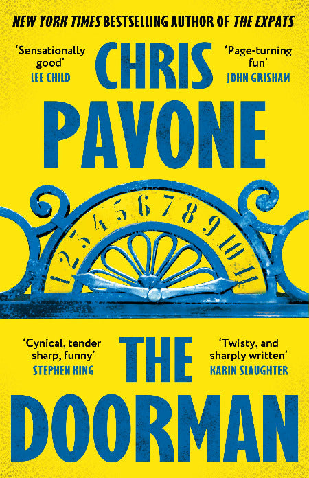 Book cover of 'The Doorman' by Chris Pavone with a yellow background and blue decorative elements.