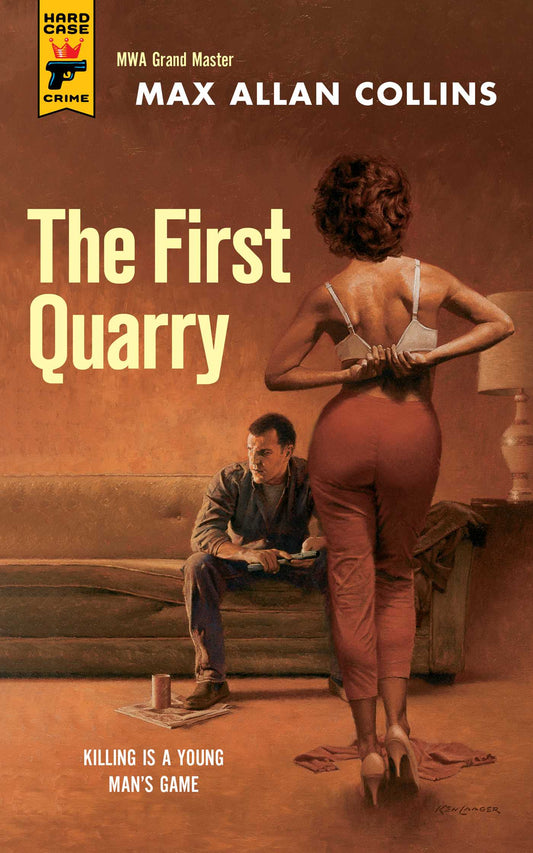 Book cover of 'The First Quarry' by Max Allan Collins featuring a woman and a man on a couch.