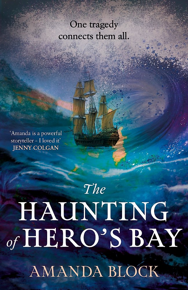 Book cover of 'The Haunting of Hero's Bay' with a ship in a stormy sea.
