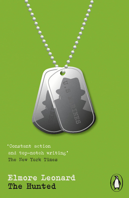 Book cover of 'The Hunted' by Elmore Leonard with dog tags on a green background