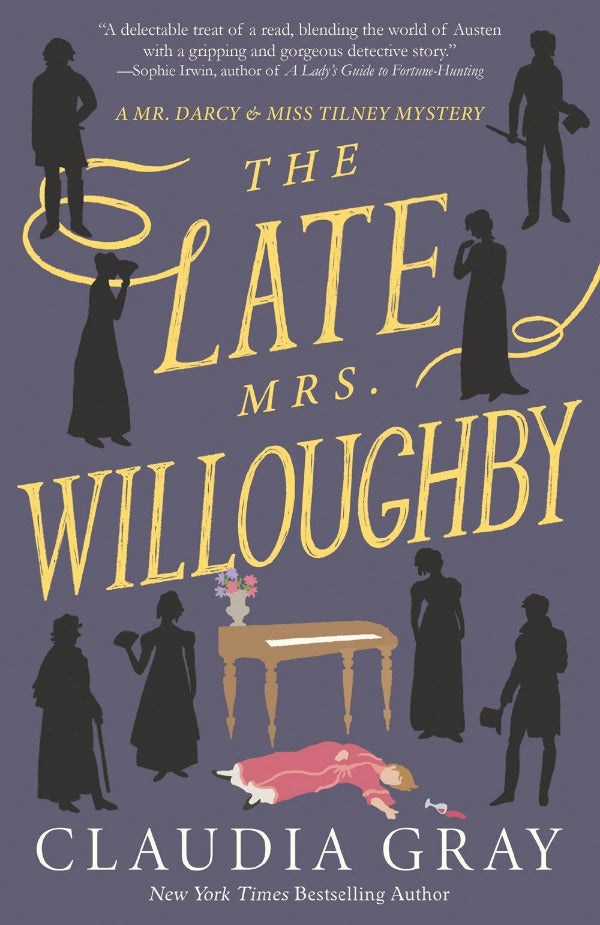 Book cover of 'The Late Mrs. Willoughby' by Claudia Gray with silhouettes and a purple background.