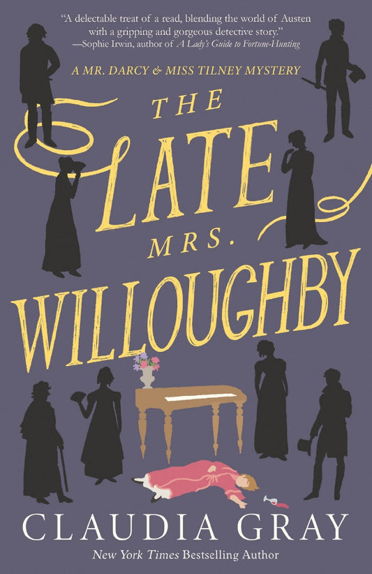 Book cover of 'The Late Mrs. Willoughby' by Claudia Gray with silhouettes and a purple background.