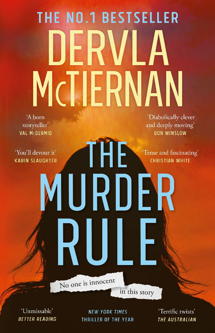Book cover of 'The Murder Rule' by Dervla McTiernan with a silhouette against an orange background.