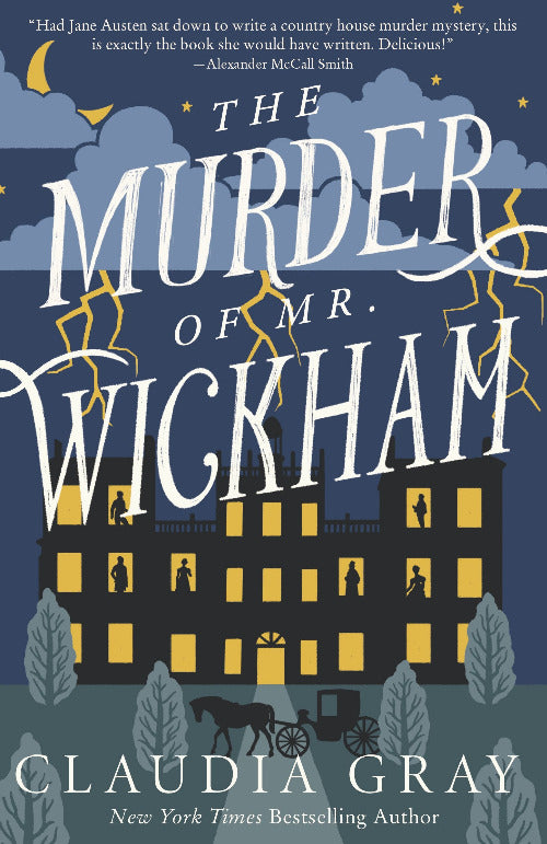 Book cover of 'The Murder of Mr. Wickham' with a dark blue background and silhouette of a house.