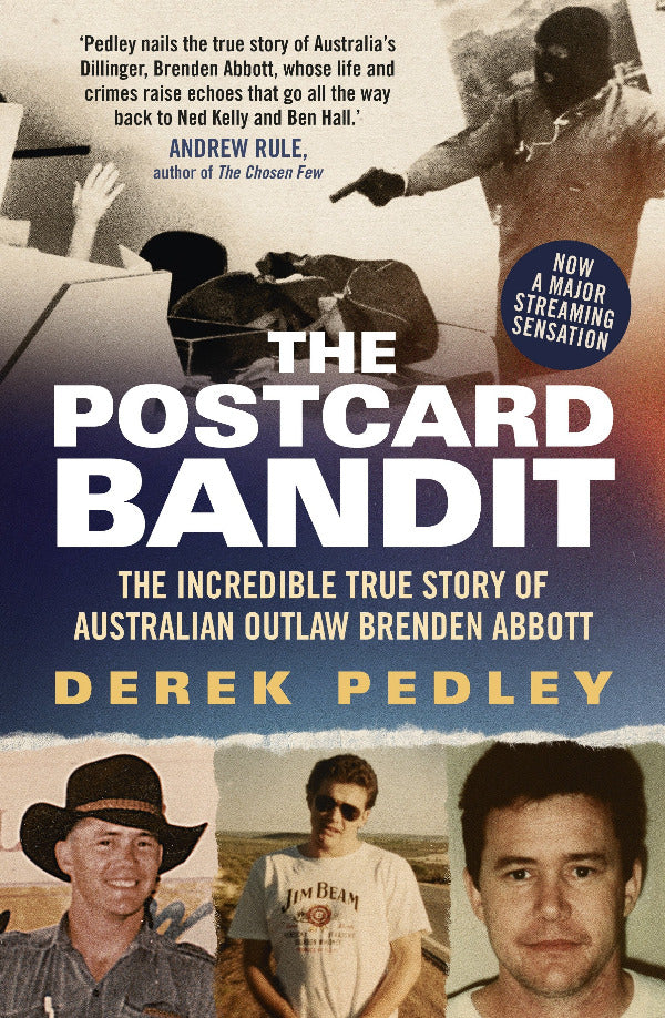 Book cover of 'The Postcard Bandit' with images of a man and text about the book's story.