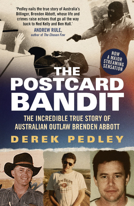 Book cover of 'The Postcard Bandit' with images of a man and text about the book's story.