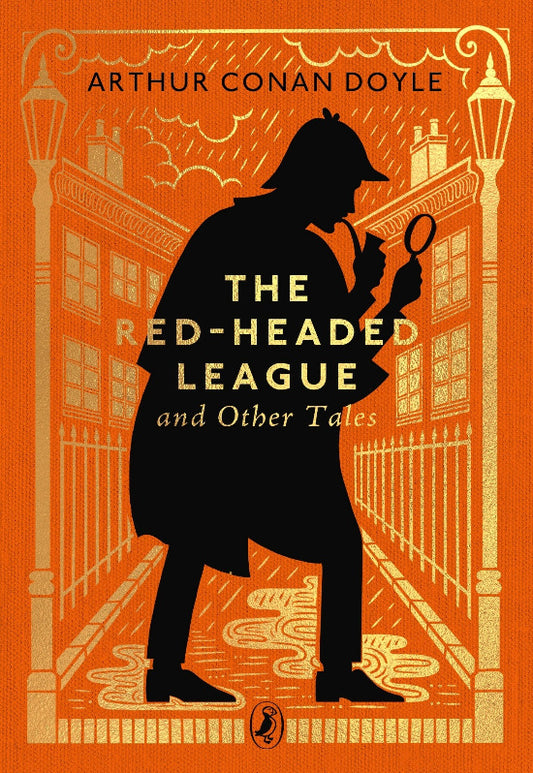 Book cover of 'The Red-Headed League and Other Tales' by Arthur Conan Doyle with a silhouette of a detective against an orange background.