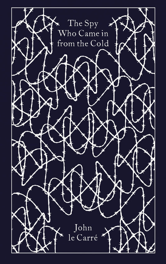 Book cover of 'The Spy Who Came in from the Cold' by John le Carré with abstract white line design on a dark blue background.