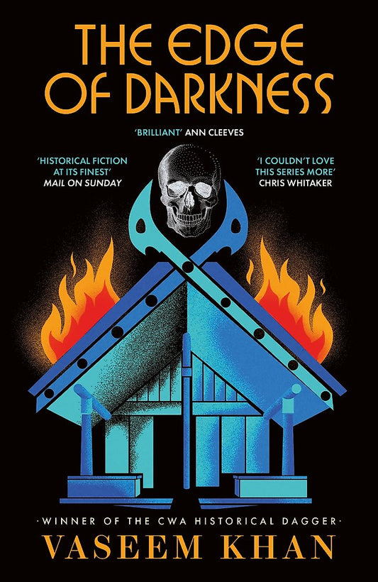 Book cover of 'The Edge of Darkness' with a skull, flames, and architectural elements on a black background.