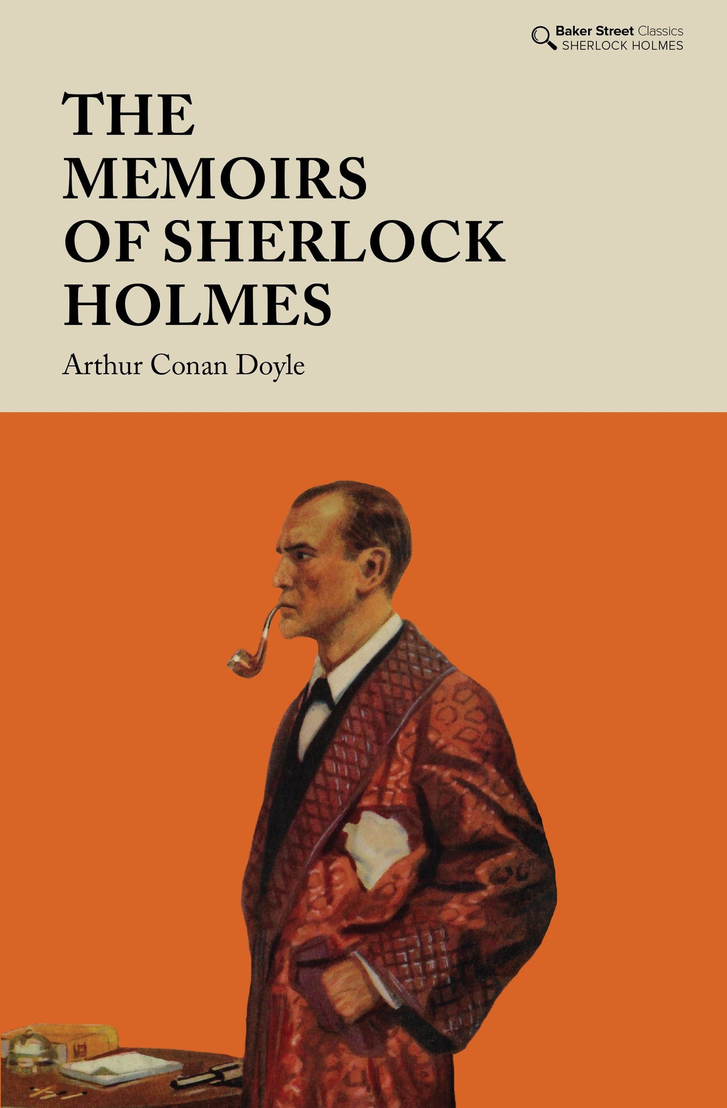 Book cover of 'The Memoirs of Sherlock Holmes' with a stylized illustration of Sherlock Holmes on an orange background.