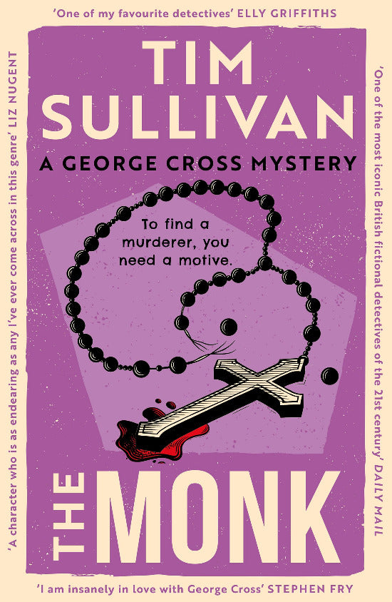 Book cover of 'The Monk' by Tim Sullivan with a purple background and rosary design.