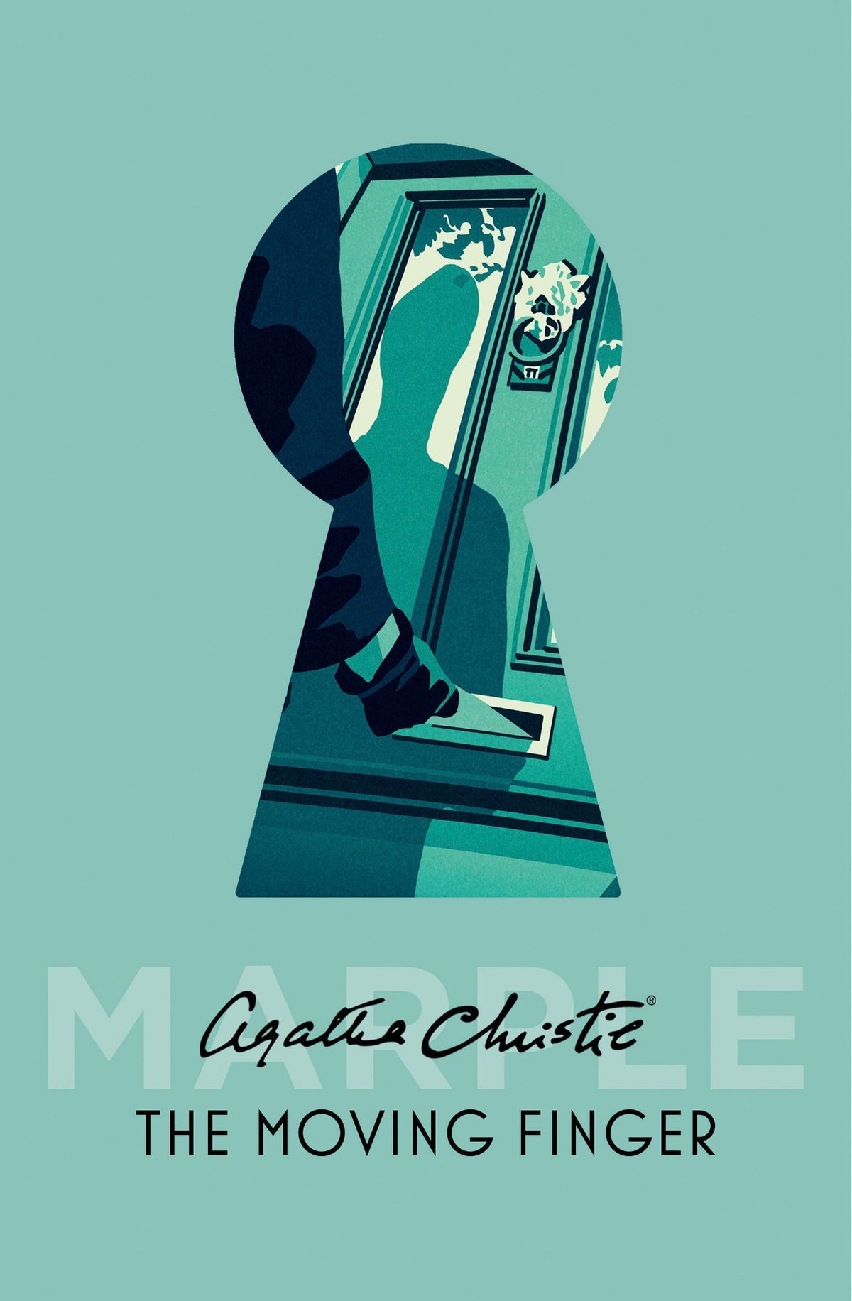Book cover of 'The Moving Finger' by Agatha Christie featuring a keyhole design with a silhouette of a person.