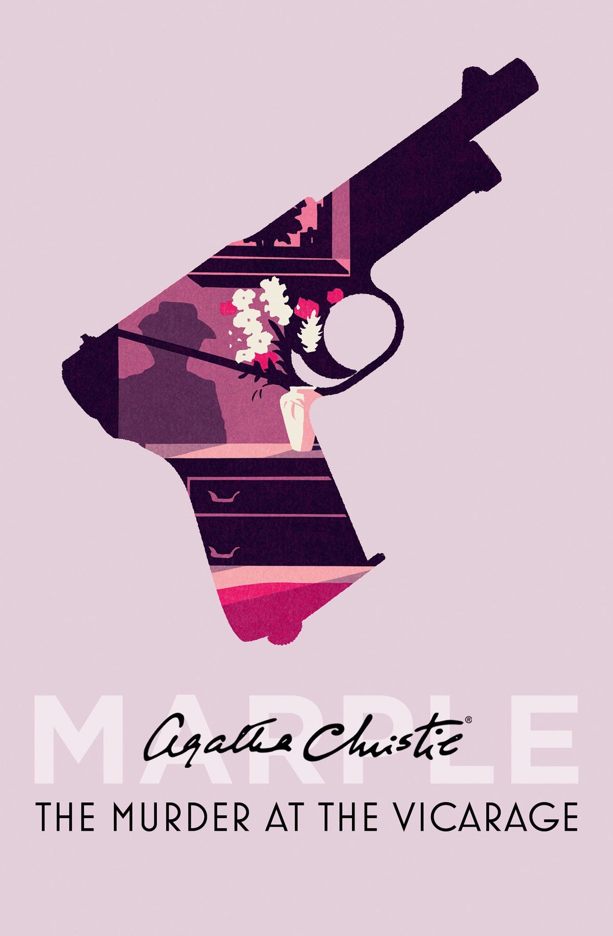 Book cover of 'The Murder at the Vicarage' by Agatha Christie with a stylized gun and floral arrangement on a light purple background.