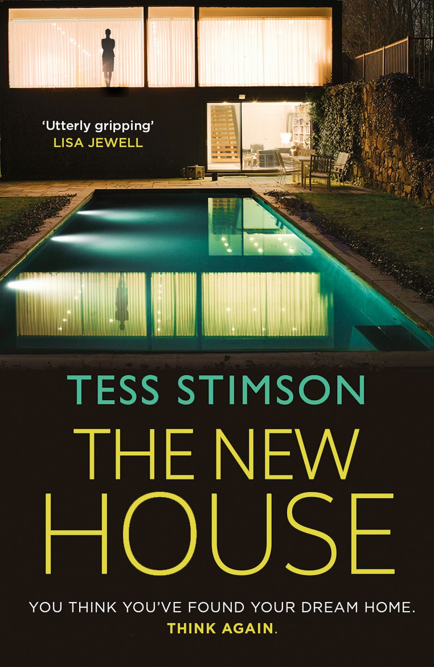 Book cover of 'The New House' by Tess Stimson with a pool and house reflection.