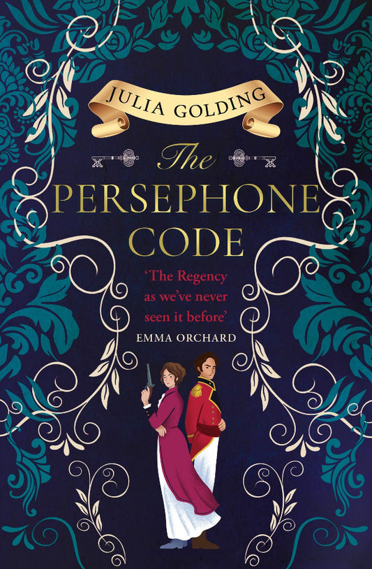 Book cover of 'The Persephone Code' by Julia Golding with decorative elements and a couple illustration.