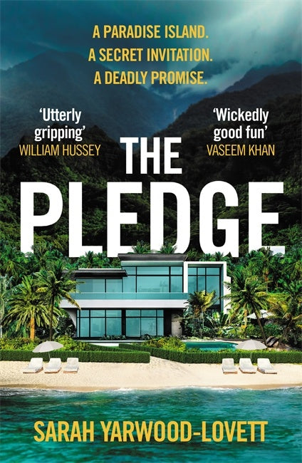 Book cover of 'The Pledge' with a tropical island scene and reviews.
