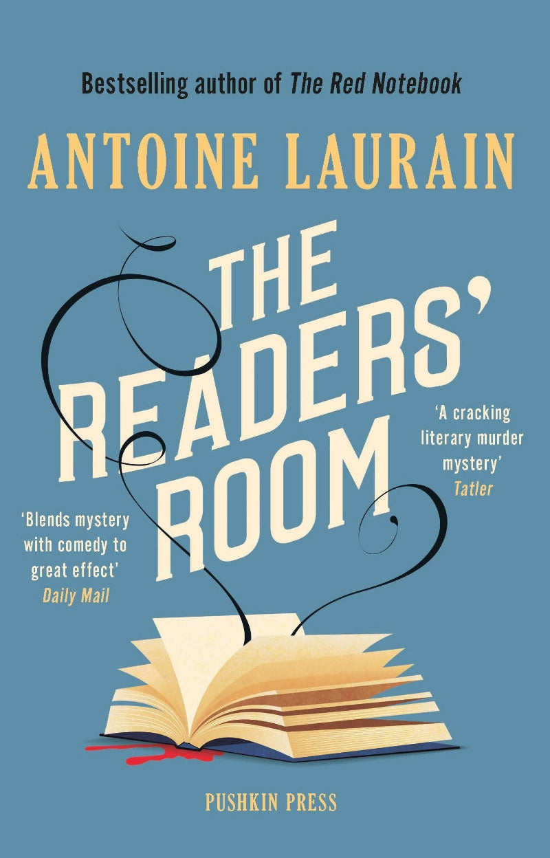 Book cover of 'The Readers' Room' by Antoine Laurain with an open book illustration on a blue background.
