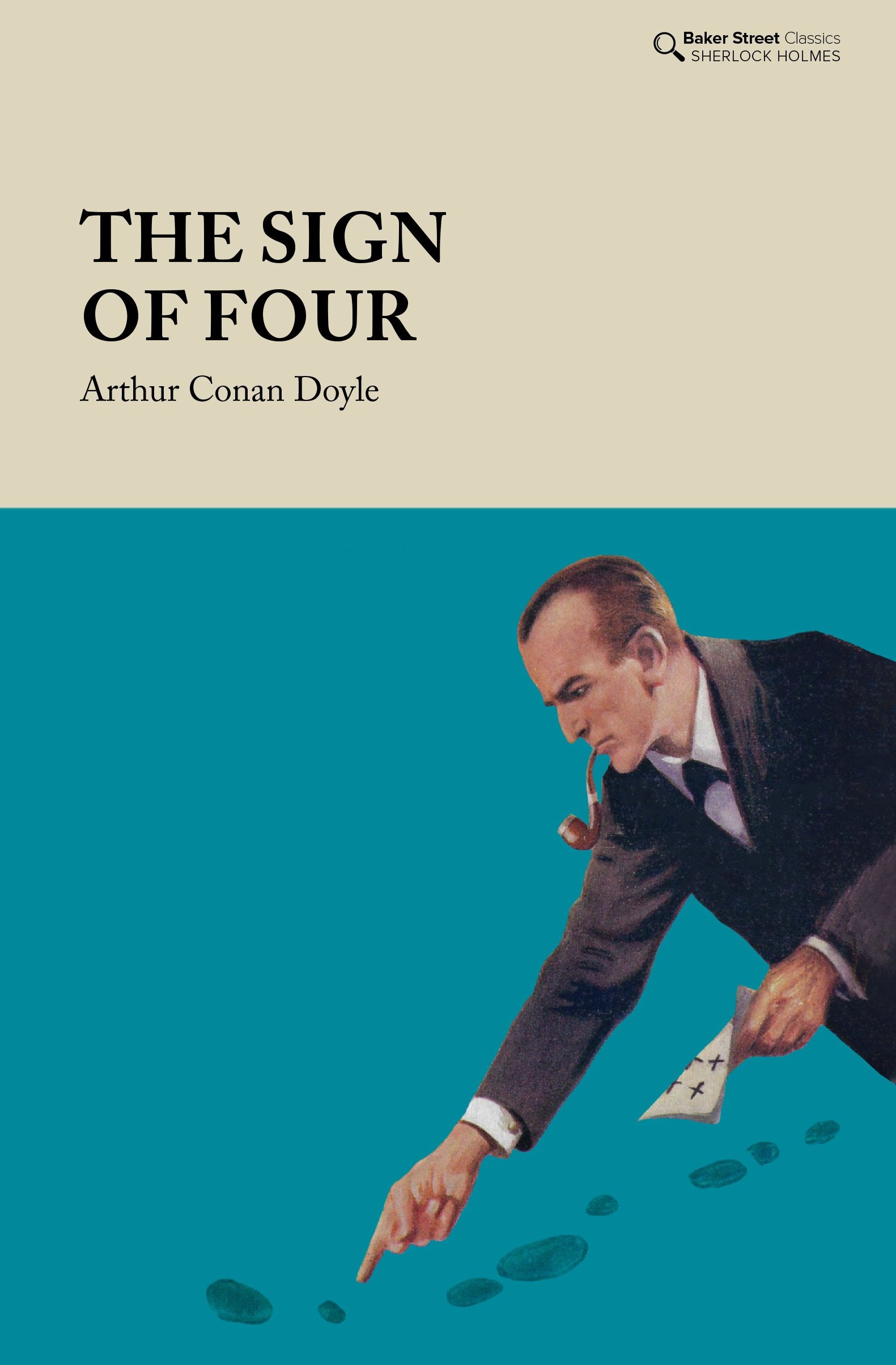 Book cover of 'The Sign of Four' by Arthur Conan Doyle with a stylized illustration of a character pointing at footprints.