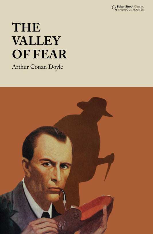 Book cover of 'The Valley of Fear' by Arthur Conan Doyle with a silhouette of a dog and a man holding a pipe.