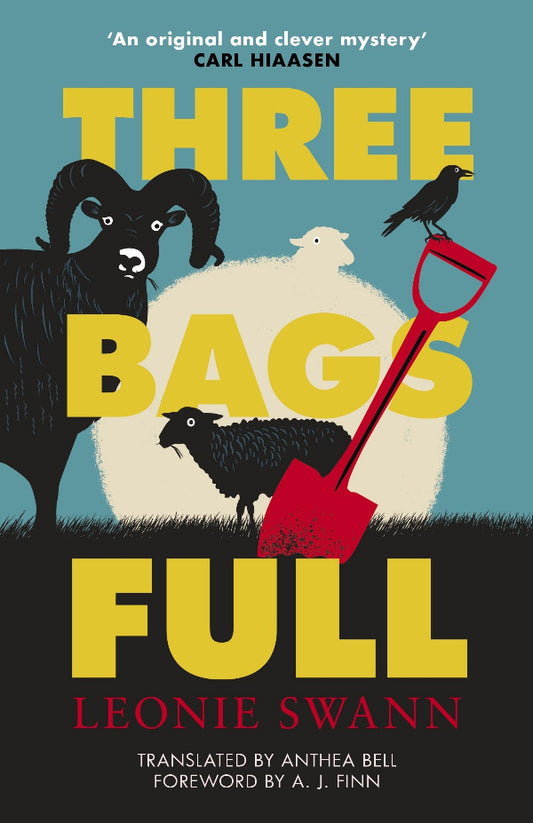 Book cover of 'Three Bags Full' by Leonie Swann with illustrations of animals and a shovel.