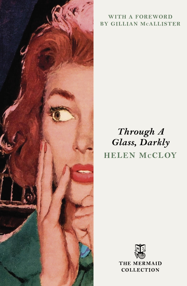 Book cover of 'Through A Glass, Darkly' by Helen McCloy with a stylized illustration of a woman's face.