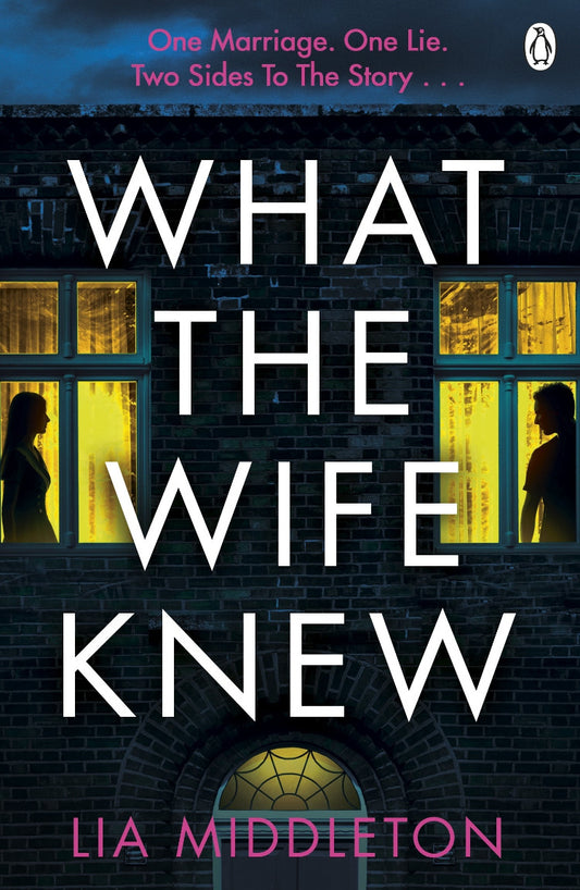 Book cover of 'What the Wife Knew' with silhouette of a couple and spider web design.