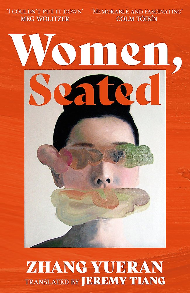Book cover of 'Women, Seated' with a person's face partially obscured by food items on an orange background.