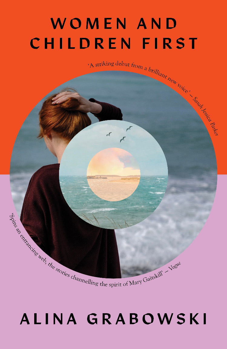 Book cover of 'Women and Children First' by Alina Grabowski with a person looking at a circular image of a sunset over water.