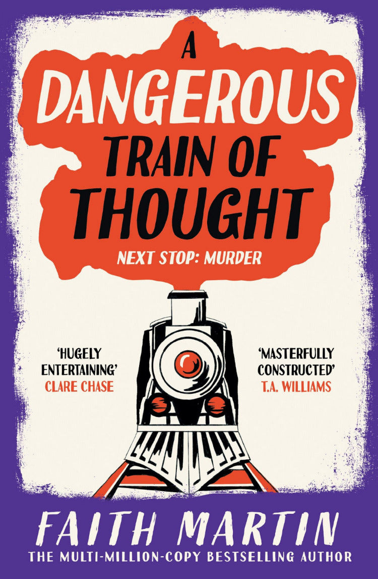 Book cover of 'A Dangerous Train of Thought' with a train illustration and text on a purple background