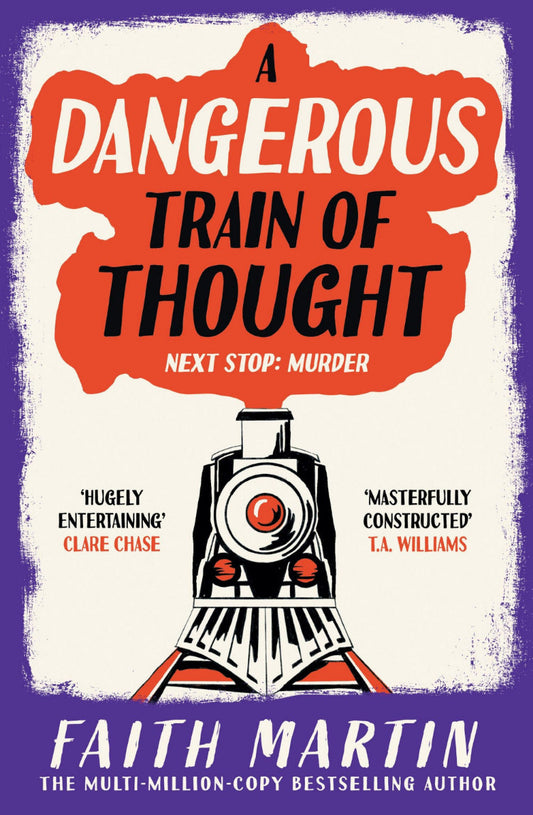 Book cover of 'A Dangerous Train of Thought' with a train illustration and text on a purple background