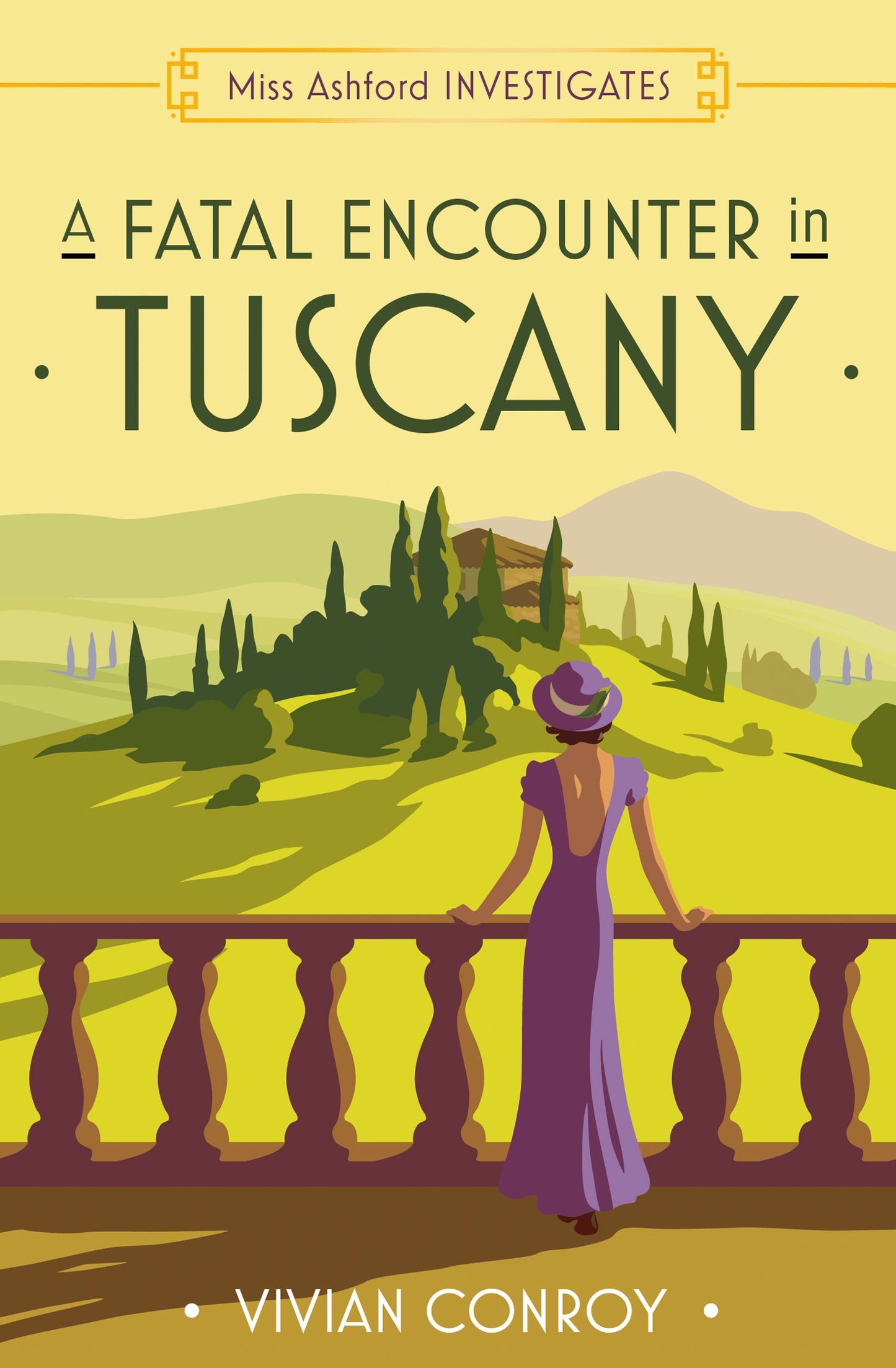 Book cover of 'A Fatal Encounter in Tuscany' by Vivian Conroy with a woman in a purple dress overlooking a scenic landscape.