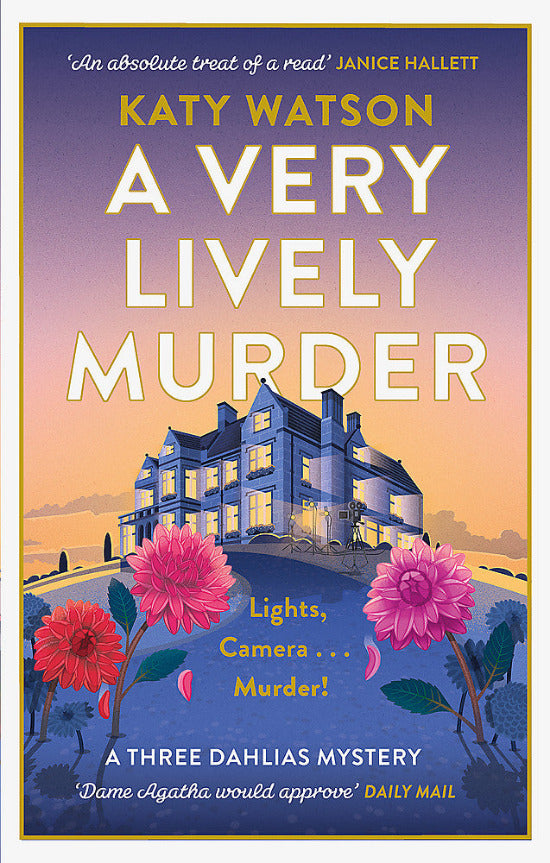 Book cover of 'A Very Lively Murder' by Katy Watson with a house and flowers illustration.